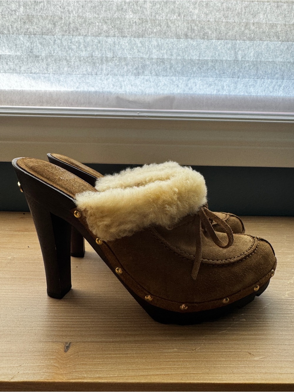 Michael Kors Brown Fur Trim Heeled Clog Mules